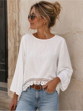 Terzo Millennio Linen Top Long Sleeve - Cuff button to 3/4 sleeve - White